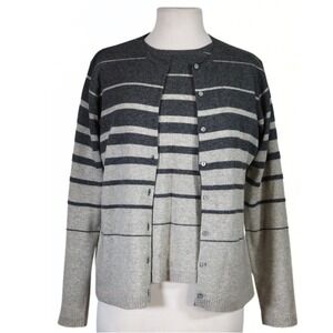 Cashmere Twin Set Women L Grey Striped Cardigan & Shell Luxury Cozy Queenie